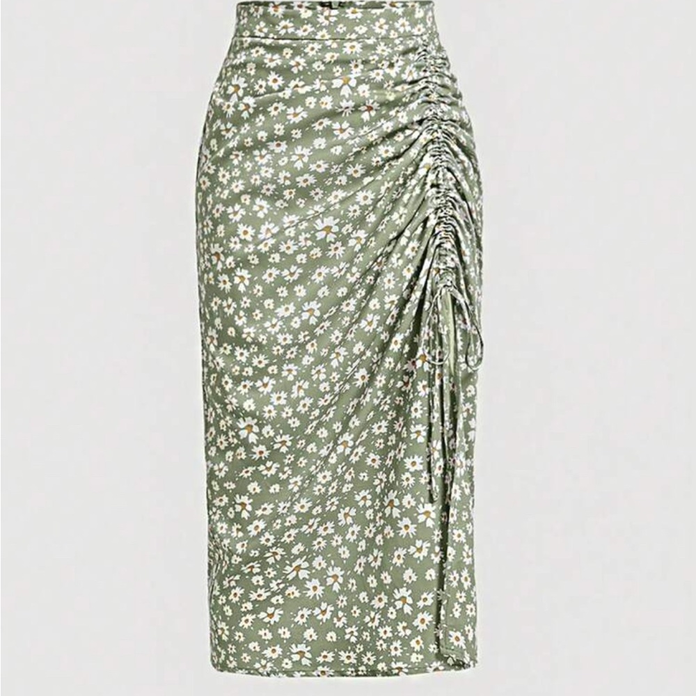 Spring Floral Green Ruched Skirt